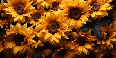 ai généré Haut vue de tournesols Contexte. une groupe de Jaune tournesols. génératif ai photo