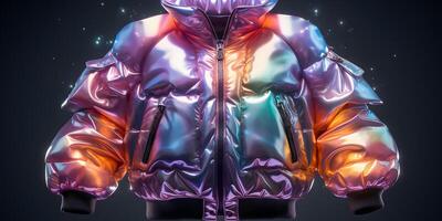 ai généré coloré holographique chrome veste. iridescent métallique sweatshirt à capuche. génératif ai photo