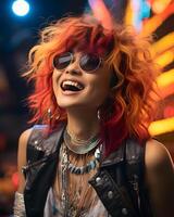 ai généré souriant asiatique rock star femme avec coloré frisé cheveux. modèle posant pour photo tirer. génératif ai