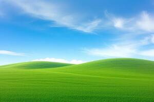 ai généré une paysage vue mettant en valeur une en pente Prairie couvert dans luxuriant vert herbe, sous une magnifique bleu ciel orné avec bouffi blanc des nuages photo