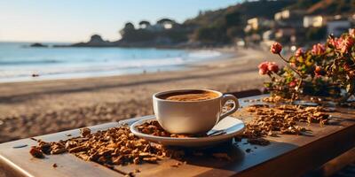 ai généré une tasse de café sur le table avec une magnifique plage voir. génératif ai photo