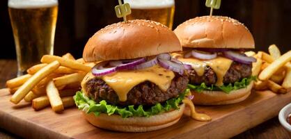 ai généré savoureux double fracasser Burger avec fromage, oignon, laitue, pansement, frites, du froid Bière sur une Coupe planche photo