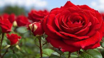 ai généré rouge Rose et bourgeon, magnifique rouge Rose Naturel fleur photo