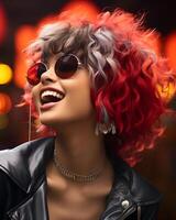 ai généré souriant asiatique rock star femme avec coloré frisé cheveux. modèle posant pour photo tirer. génératif ai