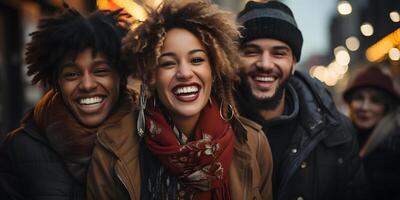 ai généré groupe de multiracial copains ayant amusement ensemble dehors. la diversité amitié. génératif ai photo