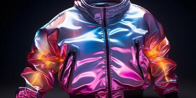 ai généré coloré holographique chrome veste. iridescent métallique sweatshirt à capuche. génératif ai photo