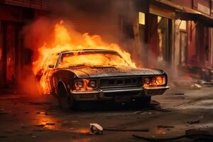 ai généré brûlant voiture sur rue à nuit, véhicule est sur Feu. crime, émeute, incendie volontaire concept photo