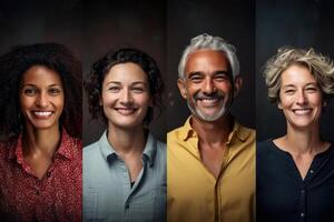 ai généré ensemble de portraits de adultes de différent sexe et course, variété. souriant Hommes et femme dans décontractée vêtements photo