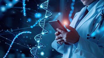 ai généré futuriste médical recherche avec embrasé ADN structure et tablette photo