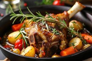 ai généré braisé agneau jarret avec herbes et des légumes. génératif ai photo