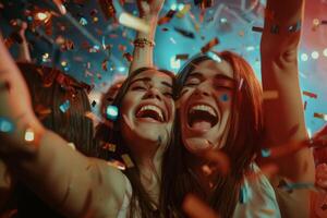 ai généré Jeune femmes célébrer et ayant amusement à une faire la fête. groupe de femelle copains avec cierges magiques faire la fête dans boîte de nuit. génératif ai photo