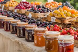 ai généré pots de fait maison confitures et sauces à une local Les agriculteurs marché. génératif ai photo