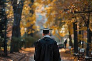 ai généré arrière vue de homme dans l'obtention du diplôme tenue près université. génératif ai photo