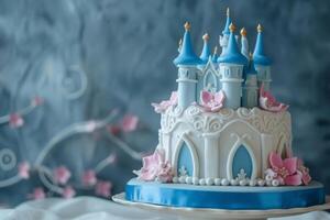 ai généré mignonne Princesse à thème anniversaire gâteau pour une peu fille avec complexe décorations. génératif ai photo