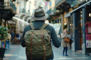 ai généré homme avec sac à dos à la recherche à une carte tandis que tournée une étranger ville. génératif ai photo