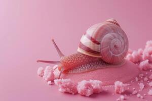 ai généré escargot et crème sur rose Contexte. Ingrédients de rajeunissant crème et vase de escargots. produits de beauté et peau se soucier concept. génératif ai photo