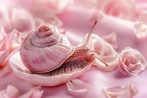 ai généré escargot et crème sur rose Contexte. Ingrédients de rajeunissant crème et vase de escargots. produits de beauté et peau se soucier concept. génératif ai photo