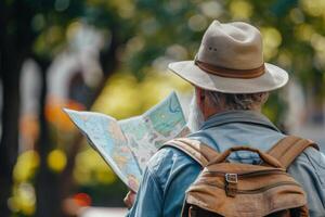 ai généré homme avec sac à dos à la recherche à une carte tandis que tournée une étranger ville. génératif ai photo