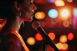 ai généré femelle chanteur en chantant dans une microphone. coloré bokeh lumières sur Contexte. génératif ai photo