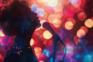 ai généré femelle chanteur en chantant dans une microphone. coloré bokeh lumières sur Contexte. génératif ai photo