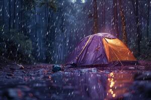 ai généré humide tente à le camping dans le forêt avec pluie. génératif ai photo