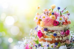 ai généré magnifique gâteau décoré avec fleurs et vert feuilles. génératif ai photo