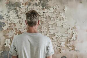 ai généré retour vue de homme en train de regarder sur gros puzzle sur mur. génératif ai photo