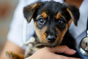 ai généré vétérinaire examiner mignonne chiot. animal de compagnie se soucier concept. génératif ai photo