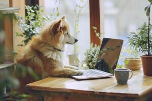 ai généré mignonne chien sur bureau avec carnet de notes, café tasse et plante dans élégant chambre. free-lance concept. génératif ai photo