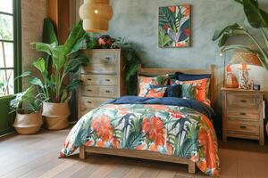 ai généré chambre accessoires avec tropical imprimer. tropical à motifs literie. génératif ai photo