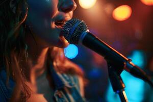 ai généré femelle chanteur en chantant dans une microphone. coloré bokeh lumières sur Contexte. génératif ai photo