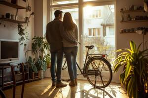 ai généré retour vue de couple installation une bicyclette grille dans leur appartement. génératif ai photo