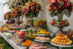 ai généré restauration buffet table avec une délicieux nourriture sur mariage. génératif ai photo