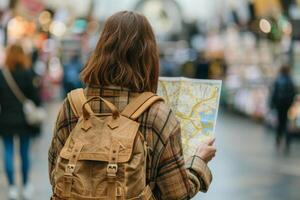 ai généré femme avec sac à dos à la recherche à une carte tandis que tournée une étranger ville. génératif ai photo