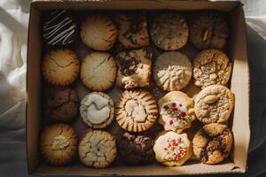 ai généré boîte de assorti en bonne santé biscuits fraîchement cuit et emballé à aller. génératif ai photo