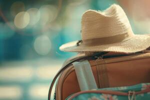 ai généré bagage avec chapeau sur flou Contexte. Voyage et vacances concept. génératif ai photo