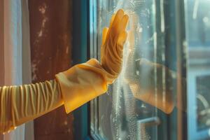 ai généré femme mains dans caoutchouc gants la lessive la fenêtre. printemps nettoyage concept. génératif ai photo