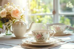 ai généré élégant table réglage avec délicat floral à thème plats. génératif ai photo