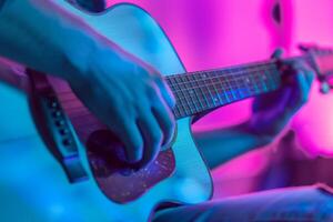 ai généré fermer de une guitare joueur dans le studio en jouant une chanson. génératif ai photo