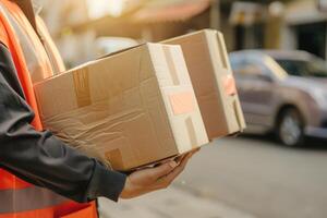 ai généré cargaison Personnel livrer papier carton des boites avec colis. génératif ai photo