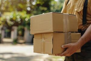 ai généré cargaison Personnel livrer papier carton des boites avec colis. génératif ai photo