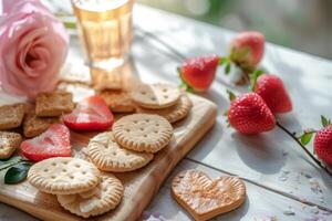 ai généré planche avec cœur en forme de craquelins et autre collations. génératif ai photo