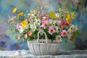 ai généré bouquet de délicat printemps fleurs dans une blanc osier panier. génératif ai photo