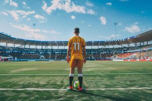 ai généré retour vue de professionnel Football joueur sur champ de stade. génératif ai photo