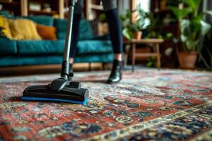 ai généré femme nettoyage le tapis avec vide nettoyeur dans le vivant chambre. génératif ai photo