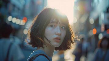 ai généré rue la photographie, une Jeune et magnifique Japonais fille dans tokyo photo