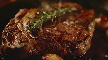 ai généré grésillant steak fermer culinaire magnificence photo
