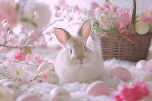 ai généré adorable Pâques lapin entouré par capricieux décorations dans doux pastel teintes. photo