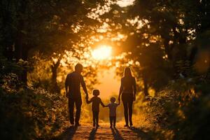 ai généré une famille en portant mains et en marchant ensemble sur une forêt chemin pendant une tranquille le coucher du soleil. photo