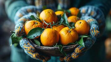 ai généré mains avec bleu gants en portant une bol de des oranges photo